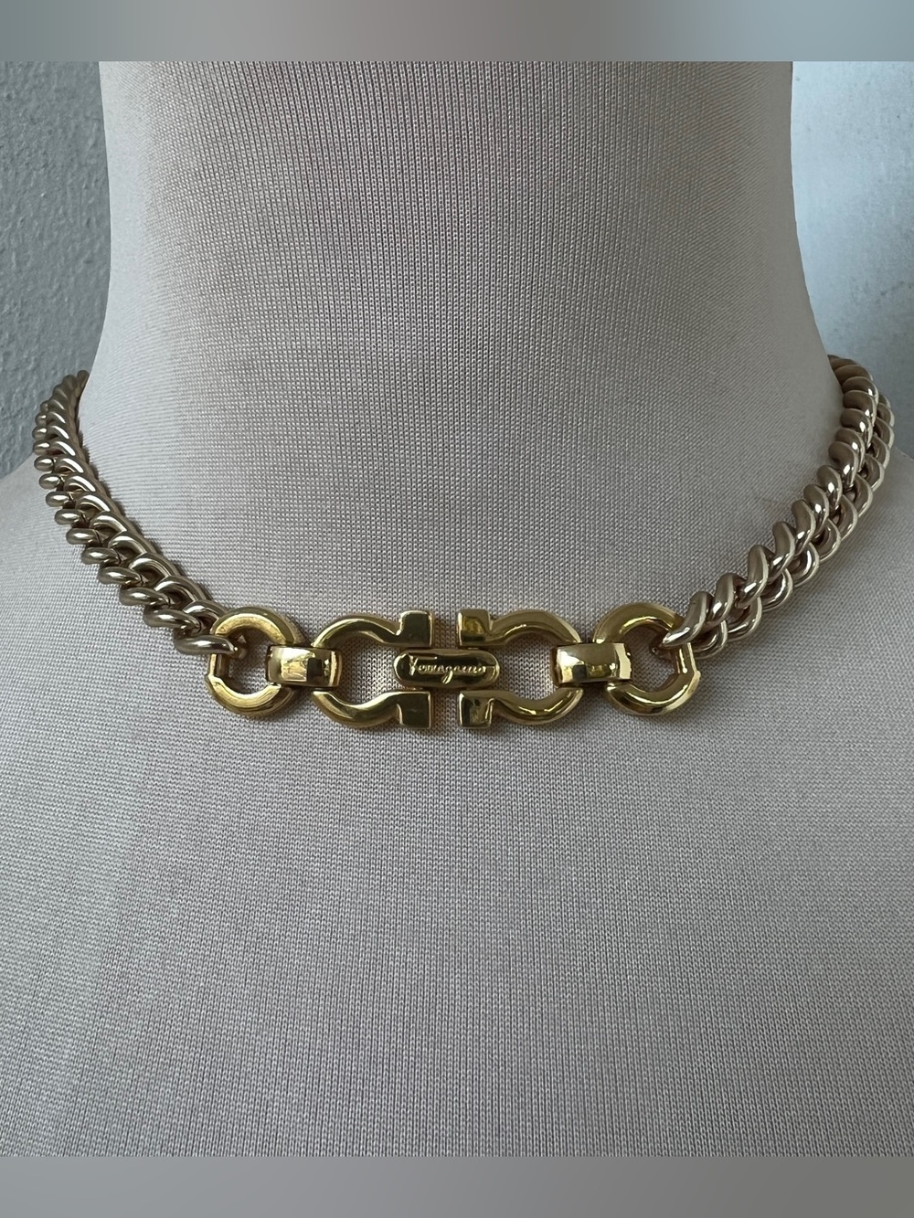 Custom Vintage Ferragamo Gancini Necklace Two Tone Gold Choker 15” - Picture 9 of 13